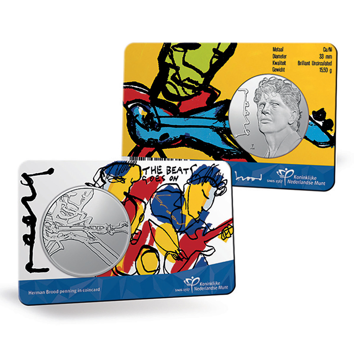 The coin card version is a perfect way to enjoy the art of Herman Brood, with his “Gitaarman” and “The Beat Goes On”, along with the medal honoring him.