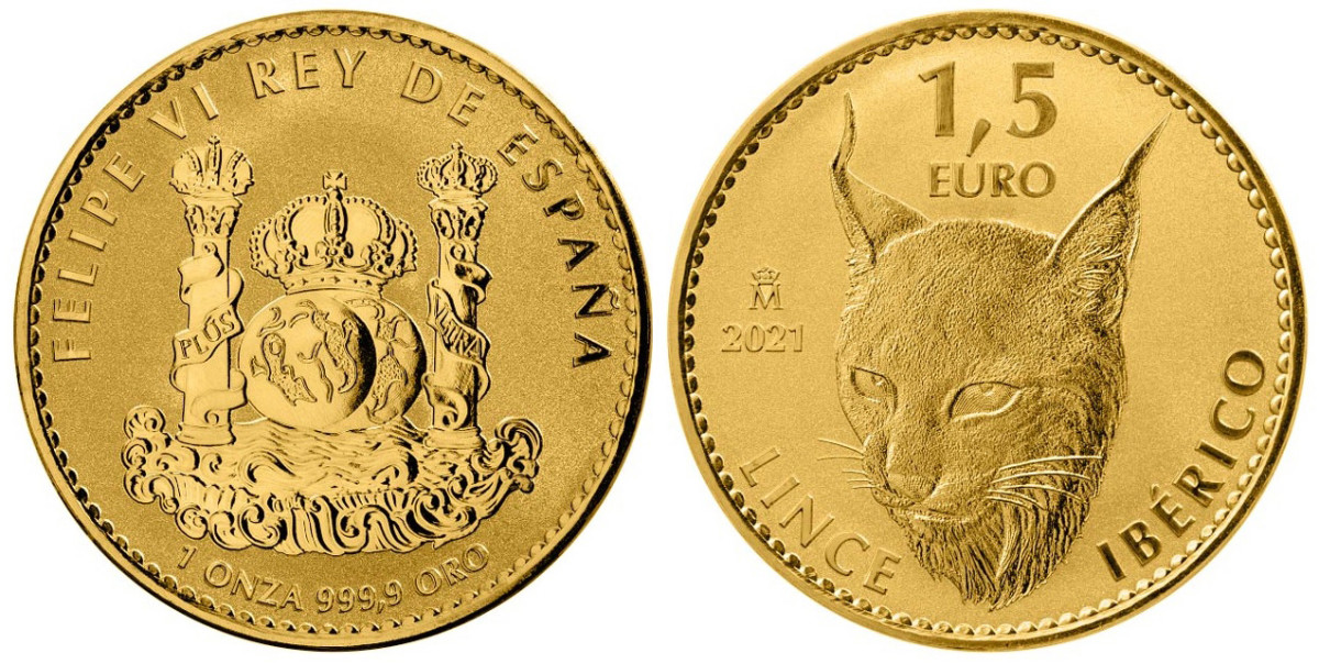The Spanish Royal Mint’s first gold bullion coin features the Pillars of Hercules on the obverse and an Iberian lynx on the reverse. (Images courtesy Kagin’s Inc.)