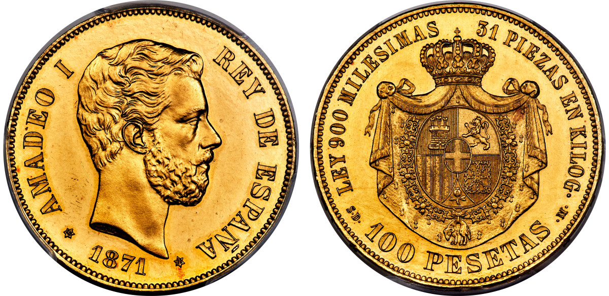 Amadeo I ruled Spain from November of 1870 to February 1873. His gold issues of 25 and 100 pesetas are nearly impossible to find. From the recorded mintage of 25 pieces for the 100 pesetas, there are probably less than eight survivors. This SP-63 example will be offered through Heritage Auctions at the 2022 New York International Convention. (All images courtesy Heritage Auctions.)