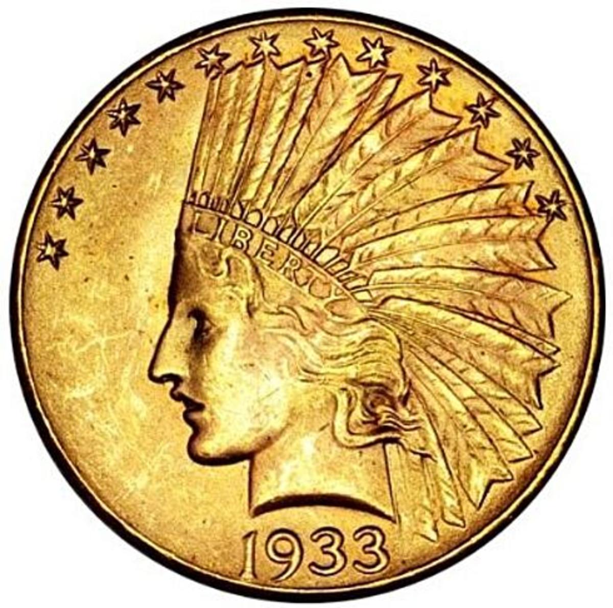Obverse of the 1933 Indian Head gold $10. (All images courtesy American Numismatic Association.)
