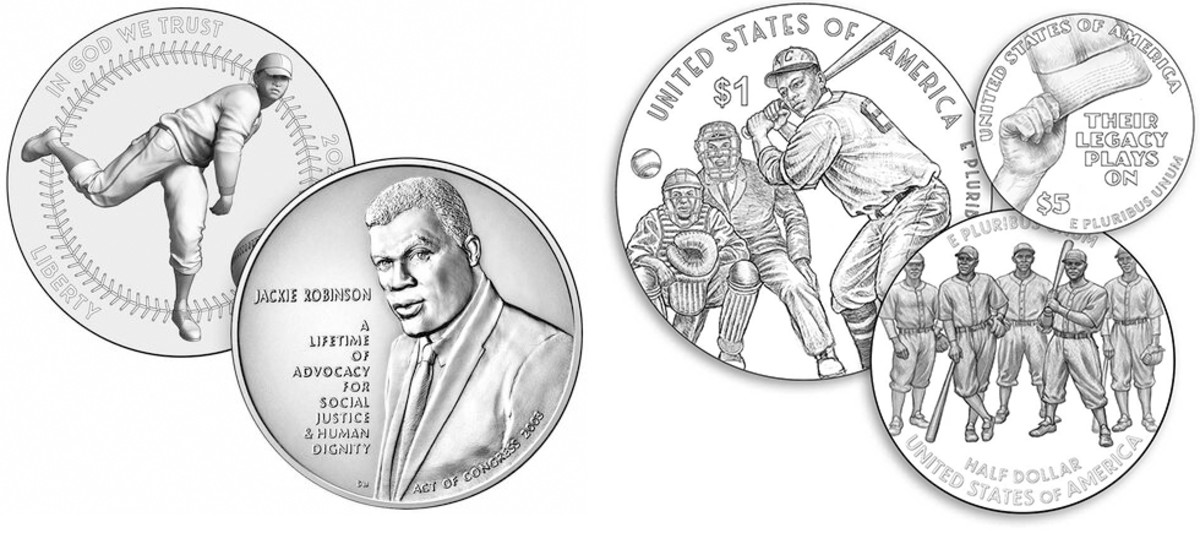 Left image: Obverse designs of the proof silver dollar (left) and Jackie Robinson silver medal included in a set. Right image: Reverse designs of the silver dollar (left), $5 gold coin (right) and half dollar (bottom) included in a three-coin proof set. (All images courtesy United States Mint.)