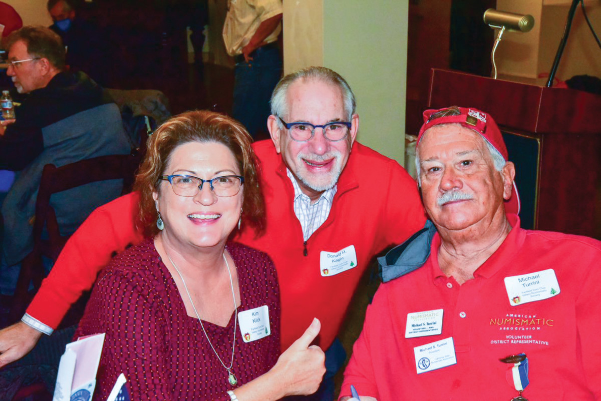 From left: ANA Executive Director Kim Kiick, Dr. Don Kagin and Joint Coordinator Michael S. Turrini pause without masks for the camera during the Dec. 4 joint Christmas party of the Vallejo Numismatic Society and Fairfield Coin Club of California.