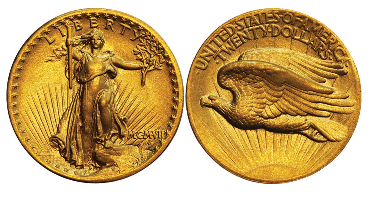 Mint State High Relief Saint-Gaudens Double Eagle. $20, 1907 Roman Numerals High Relief – Wire edge variant. Lot #676. (All images courtesy Numismatic Auctions, L.L.C.)