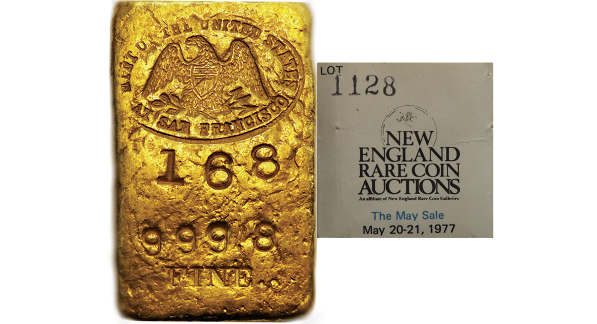 Lot 731 – San Francisco Mint Gold Bar, ND. 8.655 oz, .9998 fine, 30mm x 50mm. EF. Accompanied by its original 1977 New England Rare Coin Auctions ticket.
