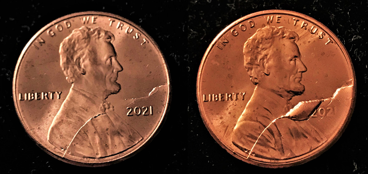 2021 Lincoln cent Rim-To-Rim Die Crack, Stage 1 (left) and Stage 2. (Images courtesy Robert Risi.)