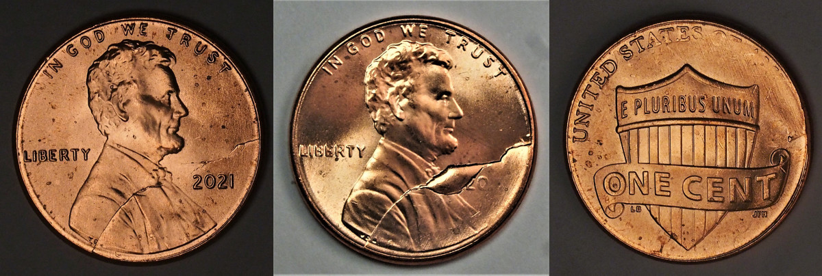 A 2021 Lincoln cent with a Rim-To-Rim Die Crack Early Stage without Interior Die Break (left), a Rim-To-Rim Die Crack with large Interior Die Break (center) and a Rim-To-Rim Die Crack with large Interior Die Break showing weakness (right). (Images courtesy Ken Potter.)