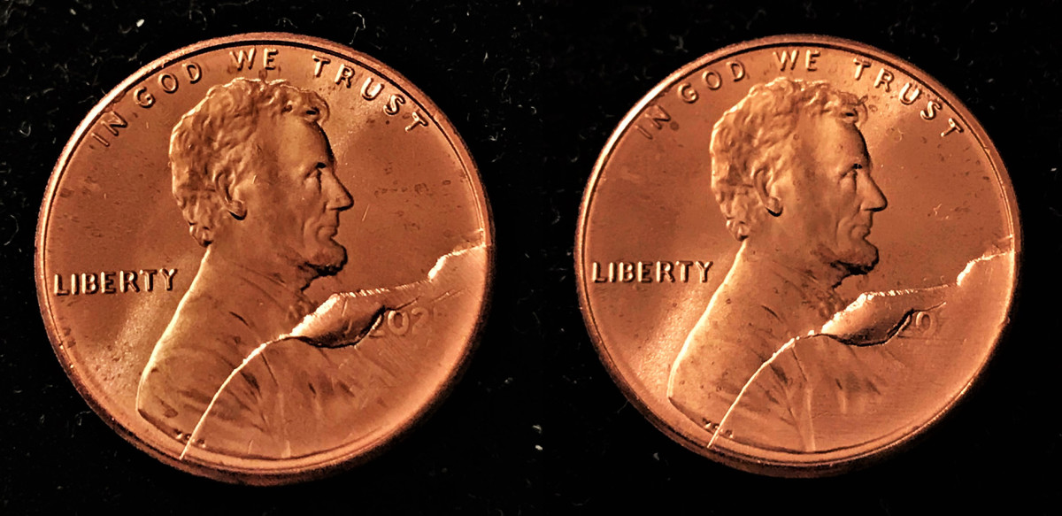 2021 Lincoln cent Rim-To-Rim Die Crack, Stage 3 (left) and Stage 4. (Images courtesy Robert Risi.) 