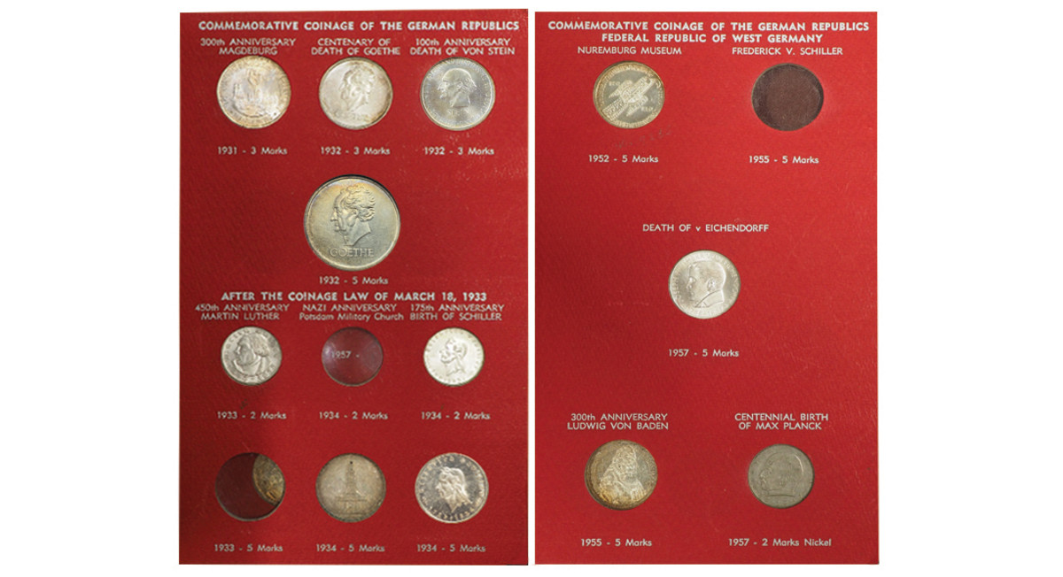 An Advanced Commemorative Coinage Set of the German Republics, 1920’s-1950’s. A carefully assembled, lifelong collection of types and denominations, predominantly 3- and 5-Mark Silver Coinage containing all the sought after types, a total of 37 coins in a vintage Continental Dansco album.
