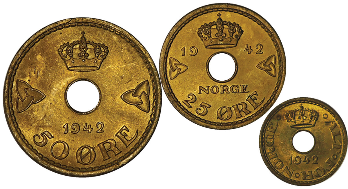 A Rare WWII London Mint Norway 3 Piece Exile Coinage Set of 1942. Features the 10, 25 and 50 Ore Nickel-Brass issues. KM-391/393. Choice ltly toned lustrous Unc. Heavily melted and rarely offered. Terrific opportunity for the specialist.