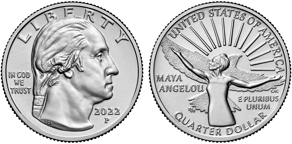 The obverse of the 2022 Maya Angelou quarter – and all in the American Women Quarter series – was designed by Laura Gardin Fraser. The Maya Angelou reverse design is by Emily Damstra. It marks the first time a coin was designed completely by women to honor a woman. (Images courtesy United States Mint.)