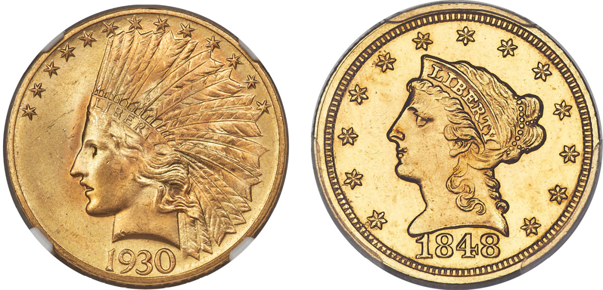 A 1930-S eagle graded MS-64 (left) and an 1848 CAL. quarter eagle graded MS-62 will be among the highlights of a Heritage auction held in conjunction with the Long Beach Expo. (Images courtesy Heritage Auctions, HA.com.)