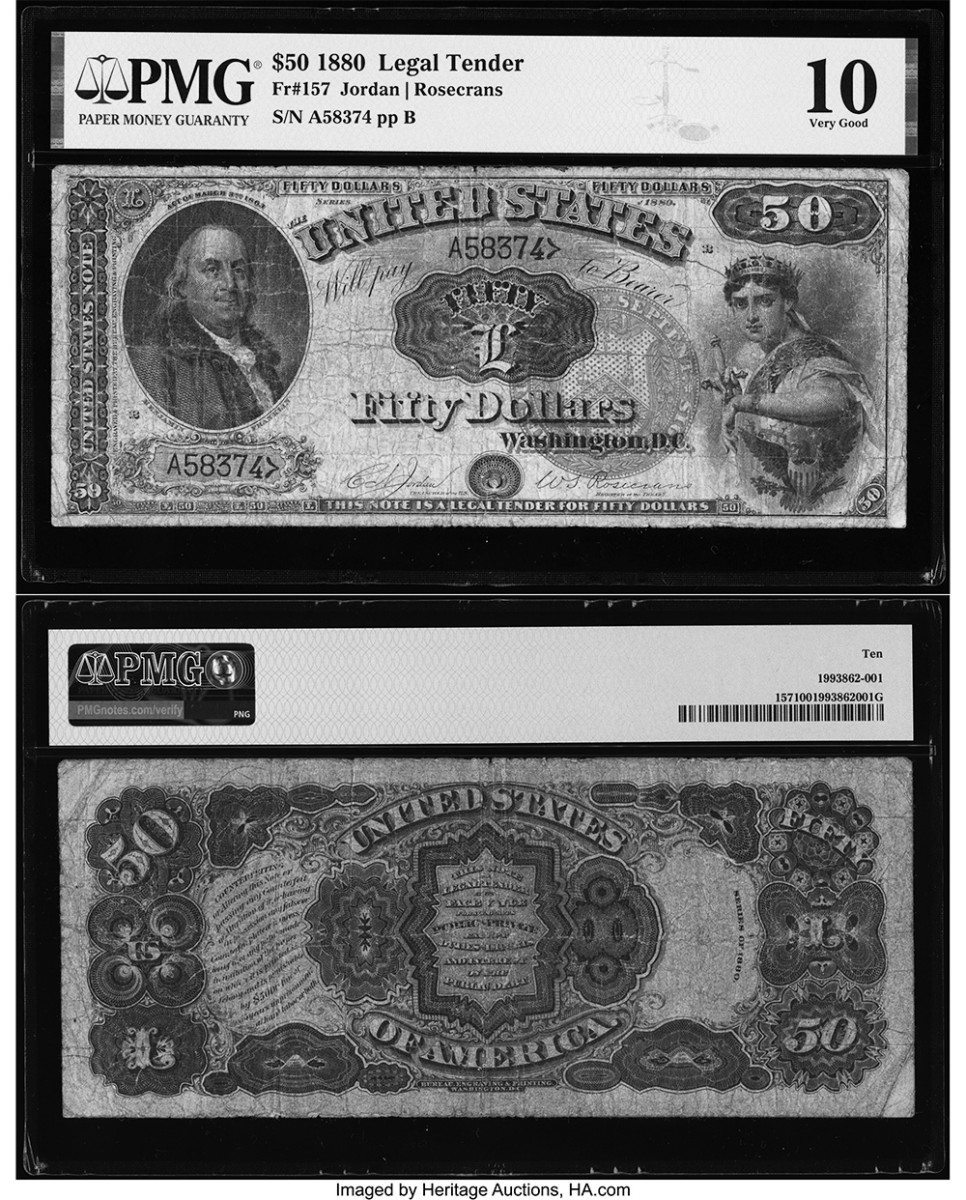 A very rare $50 1880 Legal Tender note graded by PMG. (Image courtesy of Heritage Auctions).