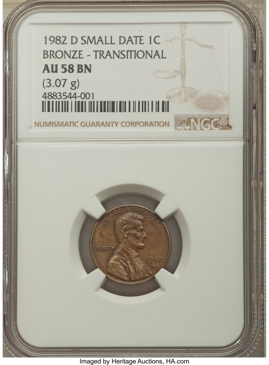 This 1982-D Small Date 1C Bronze in AU58 BN NGC is a rare transitional alloy error, cousins to the famous 1943 bronze cents.