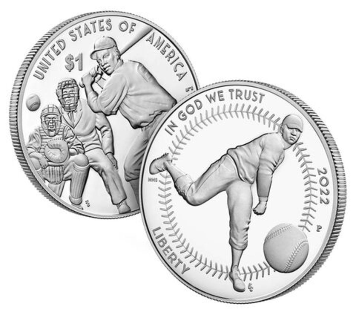 The silver dollar’s obverse depicts a pitcher in mid-throw with the baseball in the foreground and baseball stitching as a border. The reverse design depicts a player’s-eye view of a pitch being delivered to the catcher at the plate.