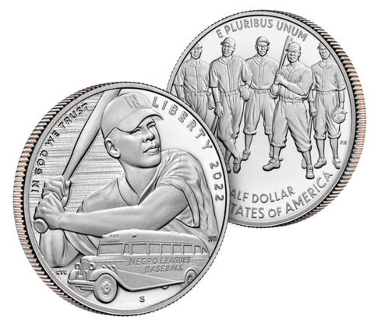 The Negro Leagues Baseball clad half dollar obverse design depicts a Negro Leagues tour bus that served as their home on the road when players were refused entry to hotels and restaurants. The batter exemplifies the determination to play the game he loves. The reverse shows a group of five Negro Leagues Baseball players.
