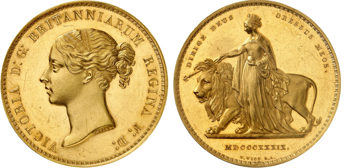 Great Britain. Victoria, 1837-1901. 5 Pounds 1839, London. Una and the Lion. Very rare. Proof. Estimate: 80,000 euros. Hammer price: 130,000 euros.