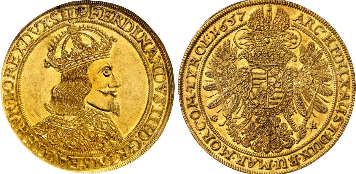 HRE. Ferdinand III, 1625-1637-1657. 10 ducats 1657, Breslau. Extremely rare. NGC MS62. Extremely fine to FDC. Estimate: 150,000 euros. Hammer price: 165,000 euros.