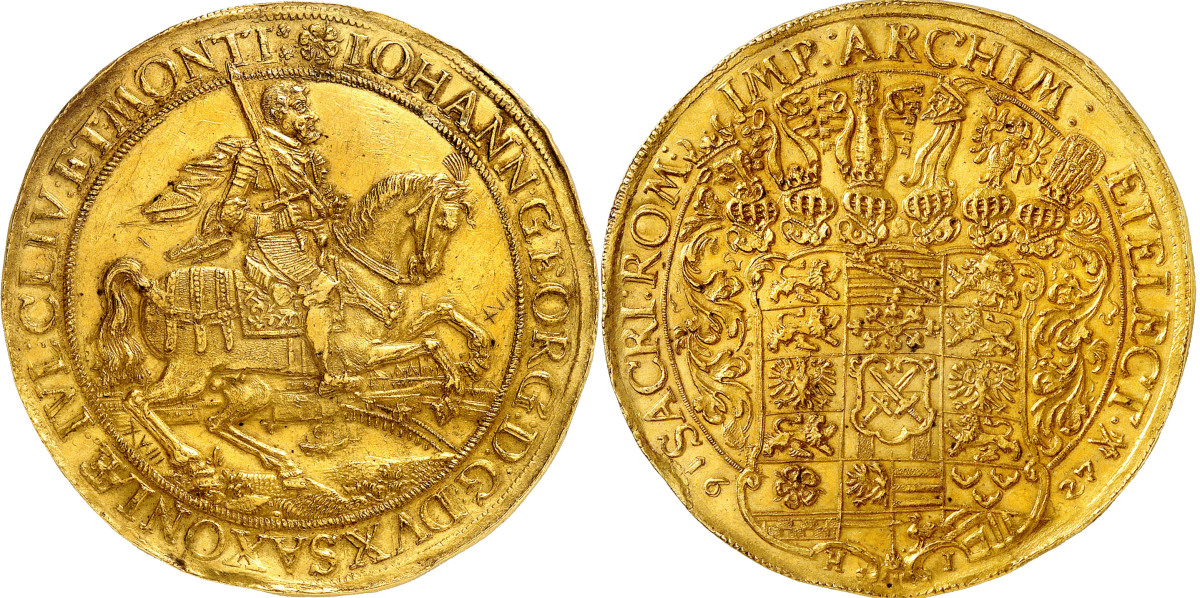 Saxony. John George I, 1615-1656. 18 ducats 1627, Dresden. Minted with the dies of the double reichstaler. Only known specimen. Graffiti with face value XVIII on the obverse. Extremely fine +. Estimate: 125,000 euros. Hammer price: 240,000 euros.