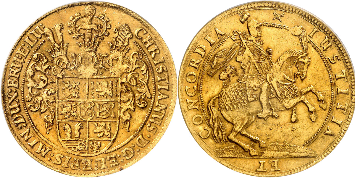 Brunswick-Lüneburg-Celle. Christian, 1611-1633. Gold löser of 20 ducats n.d. (1611-1633), Winsen. Extremely rare, probably unique. NGC AU55. About extremely fine. Estimate: 300,000 euros. Hammer price: 400,000 euros.