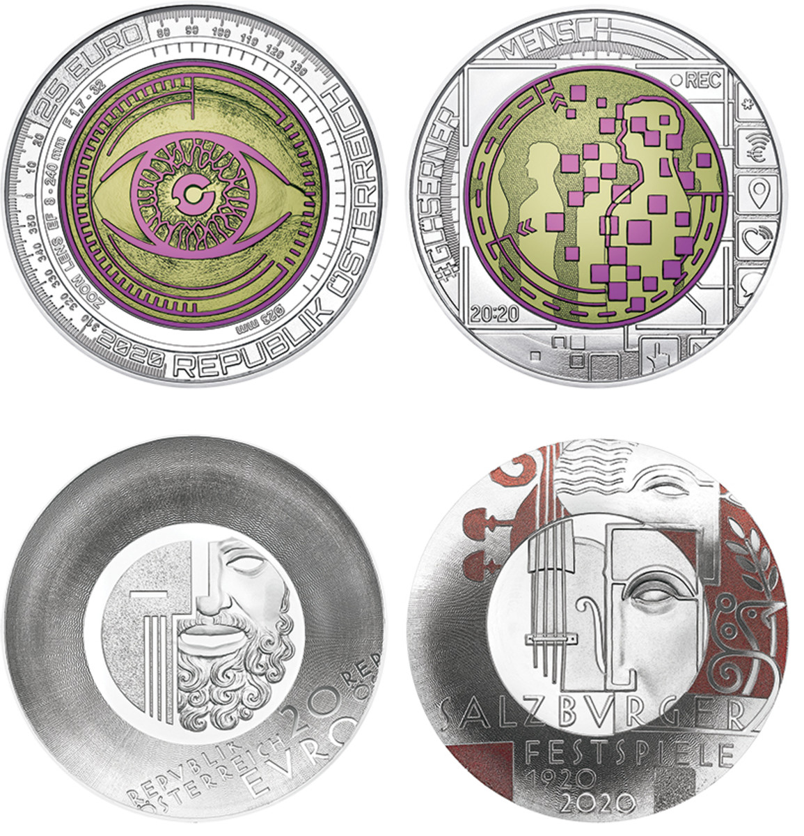 Austria also produced winners in the Best Bi-Metallic Coin category with its “Big Data” silver niobium 25-euro (top left) and Most Artistic Coin category with its curved “Centenary of the Salzburg Festival” silver 20-euro.