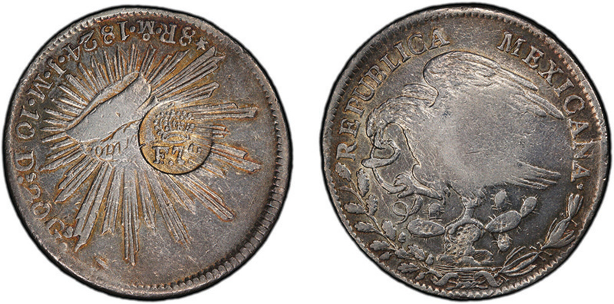 PHILIPPINES: Fernando VII, 1808-1833, AR 8 reales, ND [1832-34], KM-A74, assayer JM, countermarked crowned F.7o on Mexico 1824-Mo mint "Águila de perfil" or "Hookneck" type 8 reales, PCGS graded EF40.  Estimated at $400-$600. Realized $24,000.