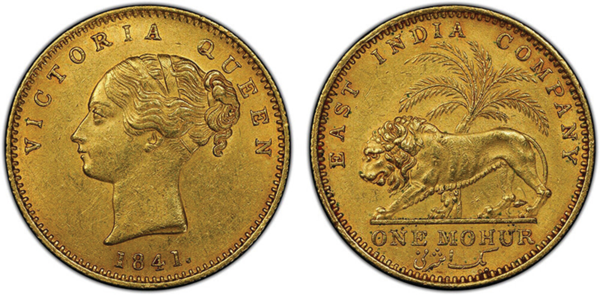 BRITISH INDIA: Victoria, Queen, 1837-1876, AV mohur, 1841(b&c), KM-462.2, S&W-2.1, Prid-18, East India Company issue, continuous legend, no initial on truncation, large date with crosslet 4, a very attractive mint state example, PCGS graded MS61.  Estimated at $4,000-$5,000. Realized $13,200.