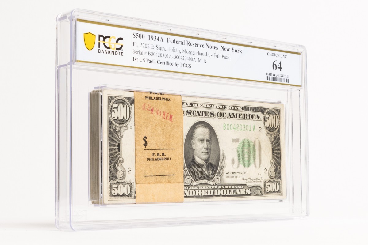 This Series 1934A $500 Federal Reserve Note pack marks the first United States pack encapsulation at PCGS and represents a crossover from an alternative grading service, which had previously held each note individually. The innovative PCGS pack holder keeps packs intact and secure. Courtesy of PCGS.