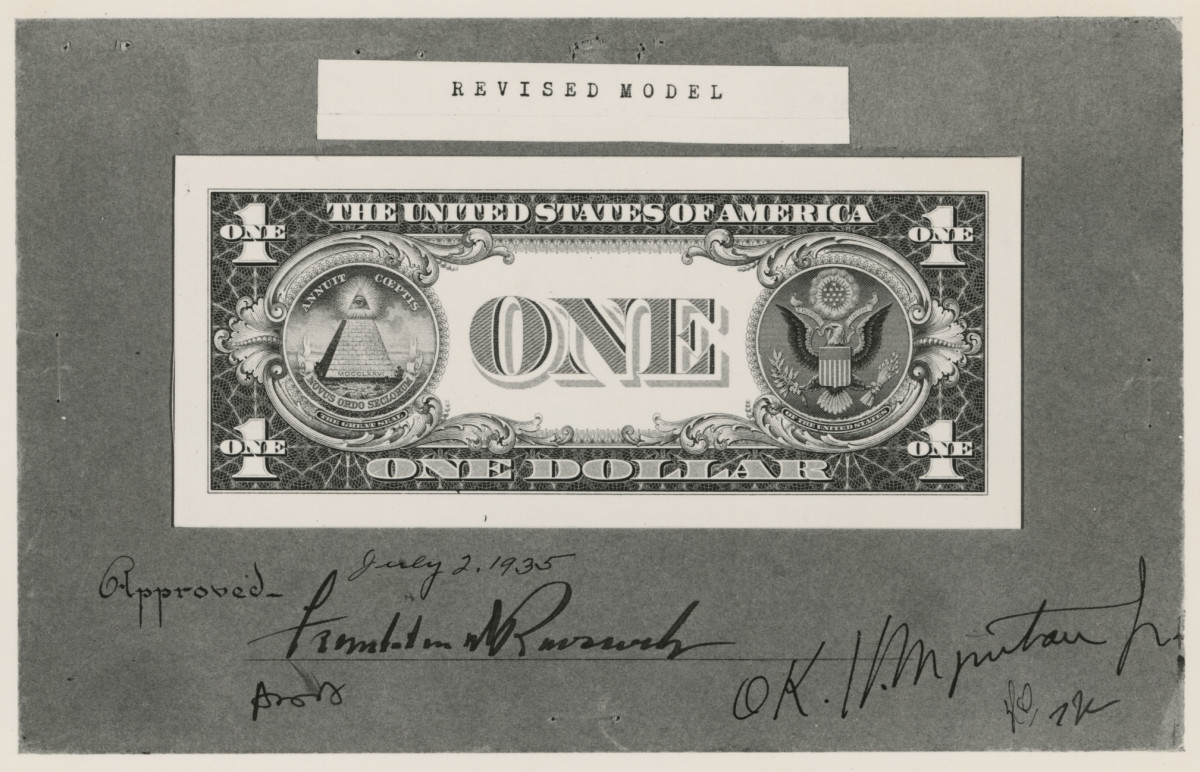 Die proof of the $1 1935 back approved by FDR with subsidiary ok by Secretary of the Treasury Henry Morgenthau Jr. BEP photo.