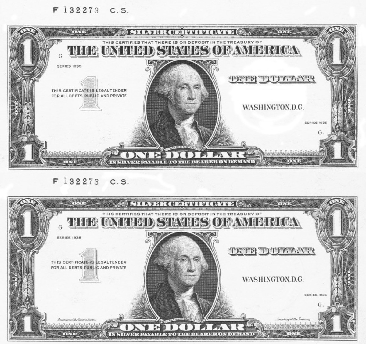 The first $1 Series of 1935 silver certificate production plates were made in August 1935. Both of these subjects are from the G position of plate 1. Notice that the titles of the Treasury officials were initially omitted (top) in anticipation of them being overprinted along with the signatures. The titles were added (bottom) after it was recognized that there was no benefit to overprinting them because the titles never would change. This particular plate was recertified with the added titles on October 18, 1935.
