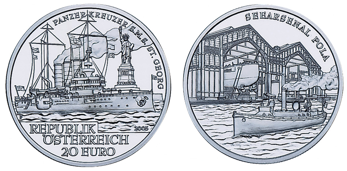 Pesendorfer’s 2005 commemorative silver 20 Euro for the S.M.S. St. Georg was a 2007 COTY award winner in the Best Silver category. The Statue of Liberty in the background makes this a great coin for an American hobbyist to begin their COTY collection.