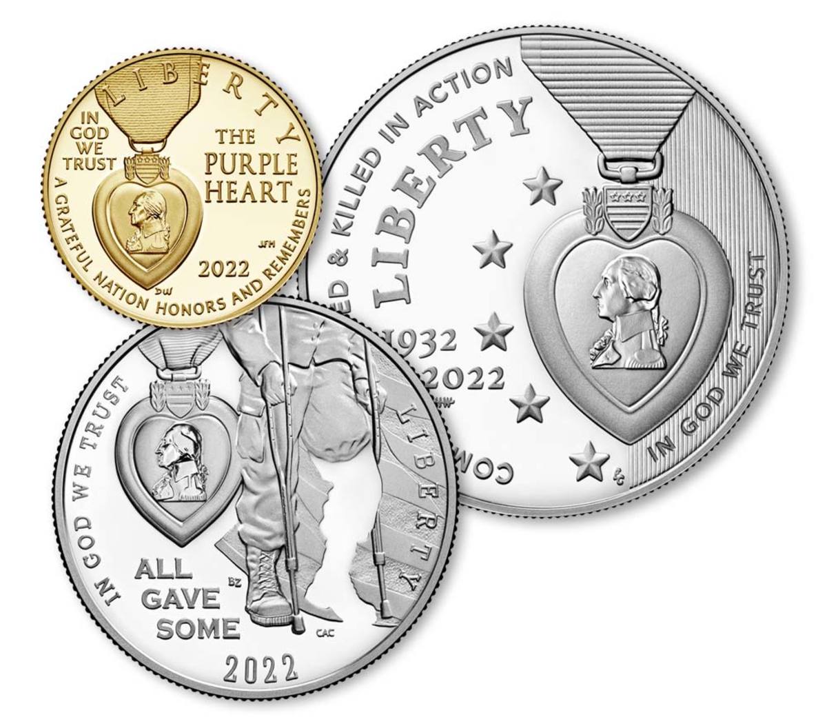 $5 gold, silver dollar, and half dollar proof coins that make up the National Purple Heart Hall of Honor 3-coin set. (Images courtesy United States Mint.)