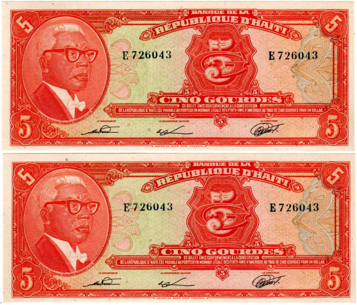 Rare pair of notes produced by the American Bank Note Company with duplicated serials numbers discovered in Port-au-Prince, Haiti in 1986.