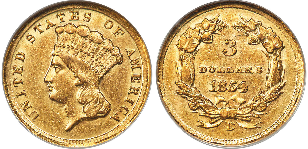 1854-D $3 gold piece. This type has the low mintage of only 1,120 (Image courtesy of Heritage Auctions www.ha.com).