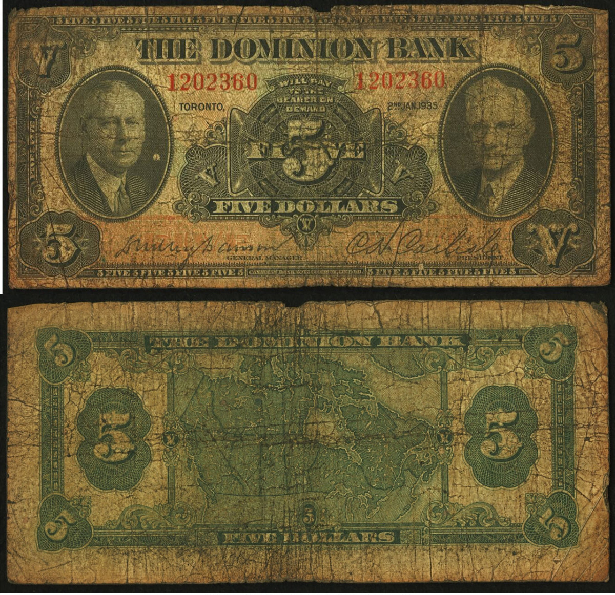 A 1935 $5 note from the Dominion Bank.