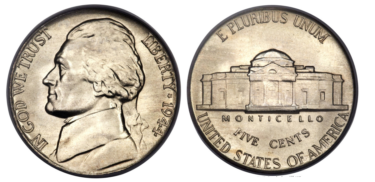 In the 1950s Francvis Henning struck counterfeit nickels but did not realize that there was a mintmark (P, S, or D) over Monticello on the reverse of the war-time nickels. Thius is a genuine 1944 coin with the mintmark removed for purposes of illustration. (Image courtesy of Heritage Auctions www.ha.com).