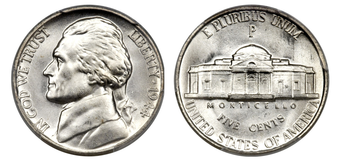 1944 war-time nickel containing 35 percent silver. (Image courtesy of Heritage Auctions www.ha.com)