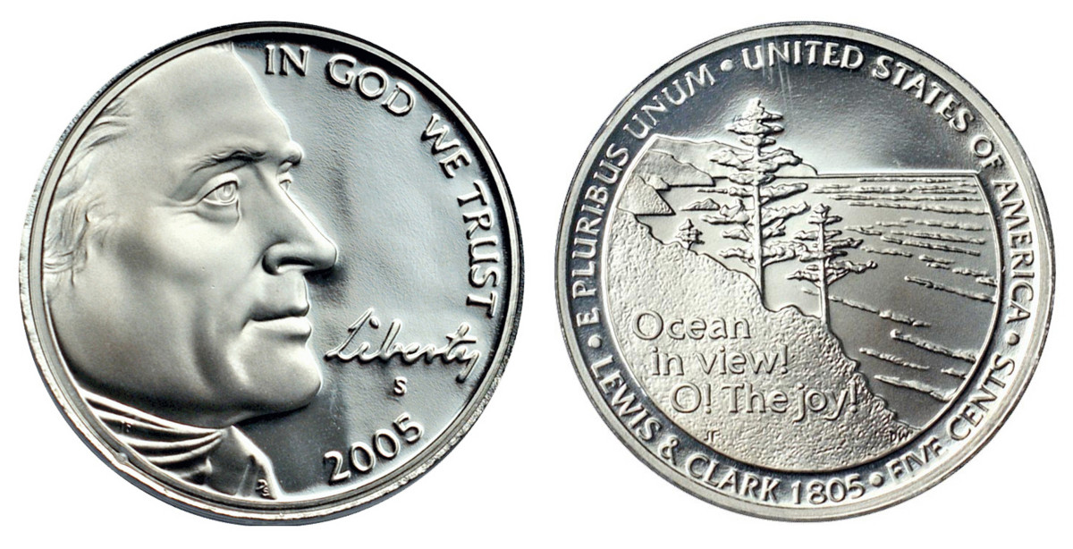 In 2004-2005 United States mints struck nickels with four different reverse designs. Shown here is the 2005 nickel honoring the day that the explorers reached the Pacific Ocean. (Image courtesy of Stack’s/Bowers)