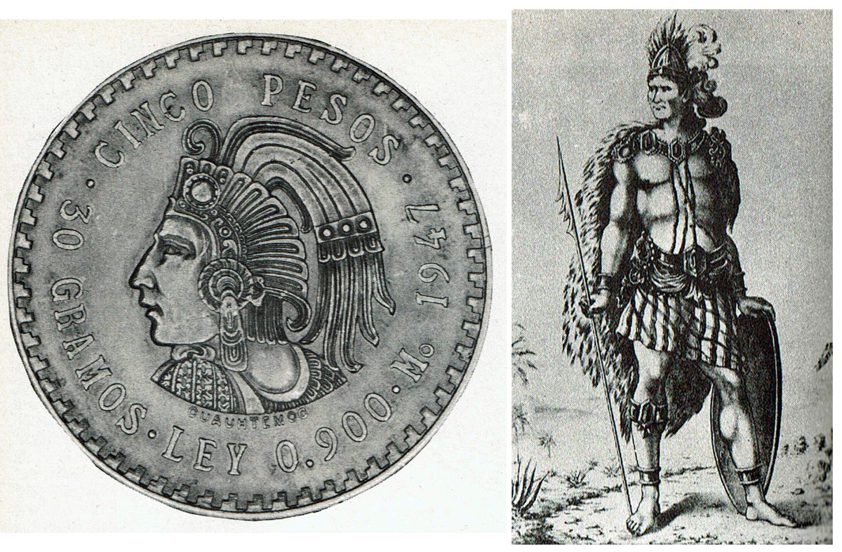 Aztec chief Cuauhtemoc on a 1947 Mexican five pesos.