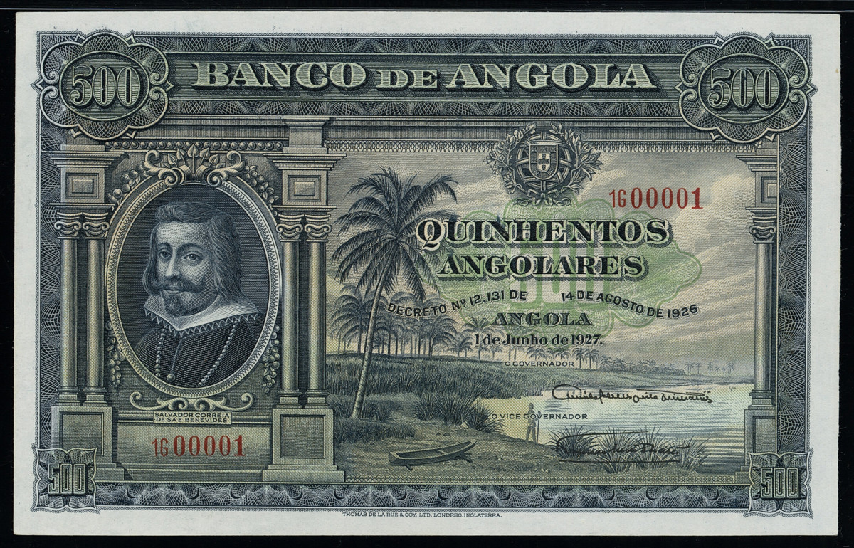 Serial Number 1 Angola Banco De Angola 500 Angolares 1.6.1927 Pick 76a PMG Choice Uncirculated 63