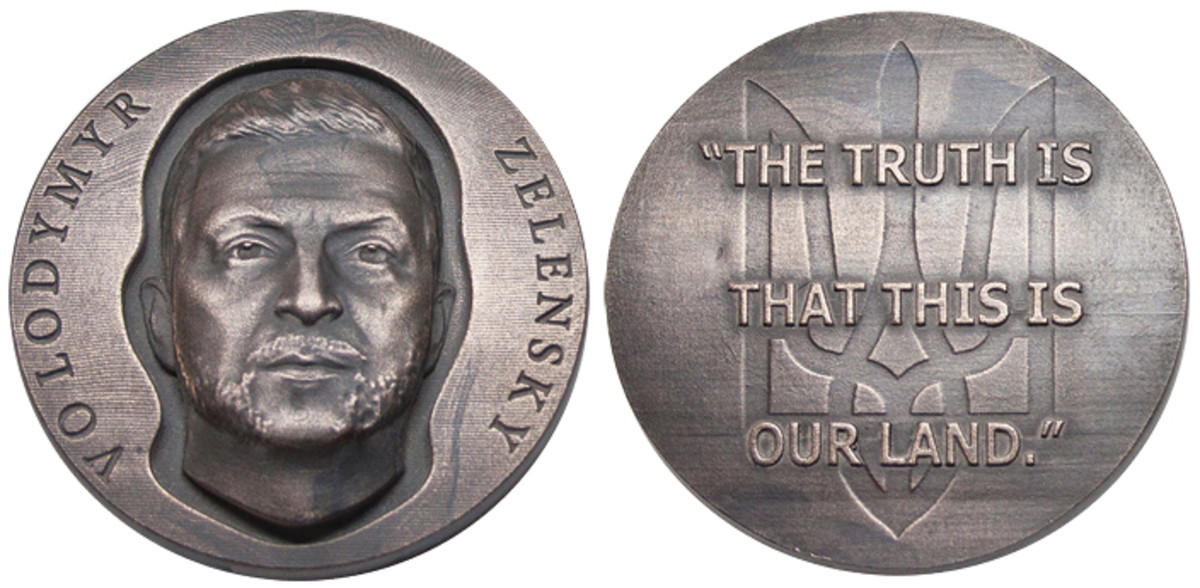 Sales of a bronze art medal featuring the portrait and words of Ukrainian President Volodymyr Zelensky could generate as much as $15,000 in aid to the people of Ukraine. (Images courtesy Jim Licaretz.)