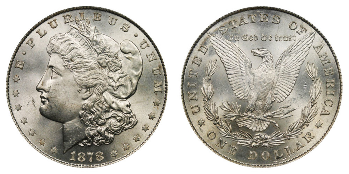 The original 1878 Morgan dollar featured the reverse eagle with eight tail feathers (shown). A rushed attempt to change it to seven caused a doubling of the tail feathers. (All images courtesy of usacoinbook.com)