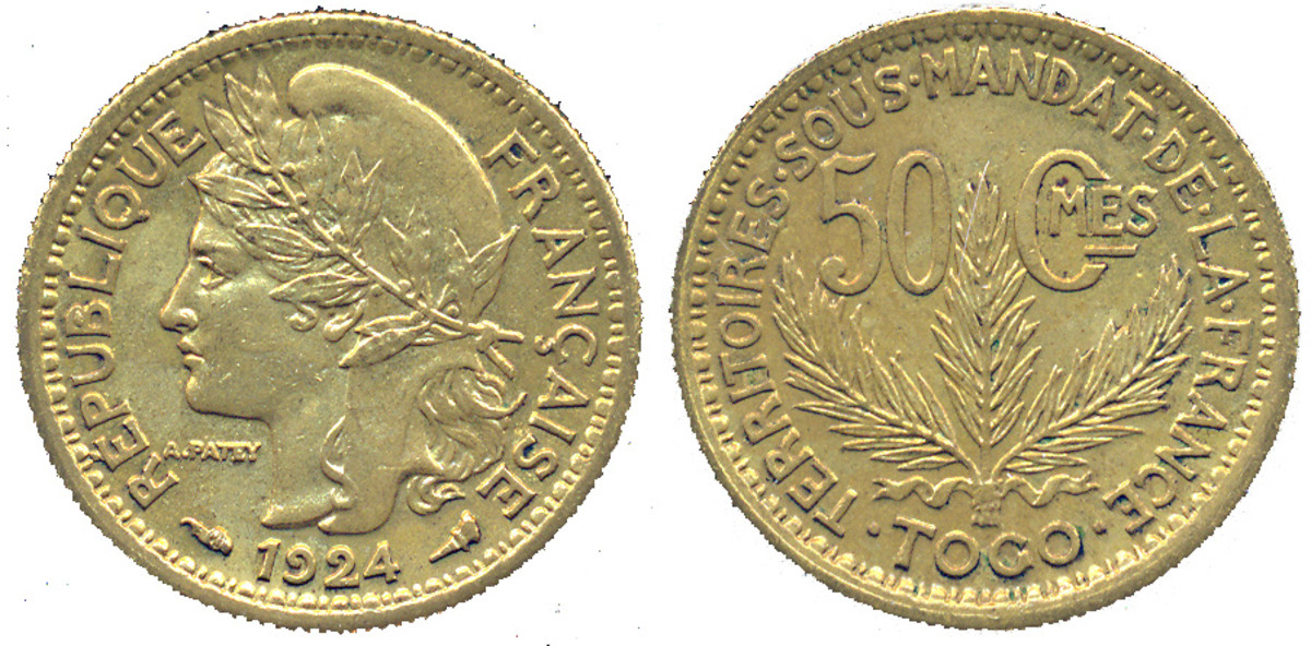 The coins of the French mandate period in Togo were struck at the Paris mint to the same module as the metropolitan French coins. (Actual diameter 19mm).
