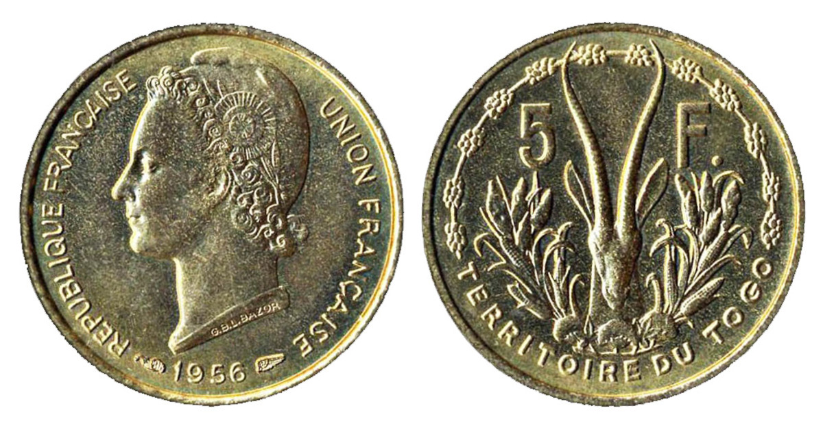 The Union Francaise series of colonial coins claimed that each colony was a part of France. Togo was no longer a Mandate; it was a Territory. The coin is the same size and metal as contemporary French 10-franc coins. (Actual diameter 20mm)
