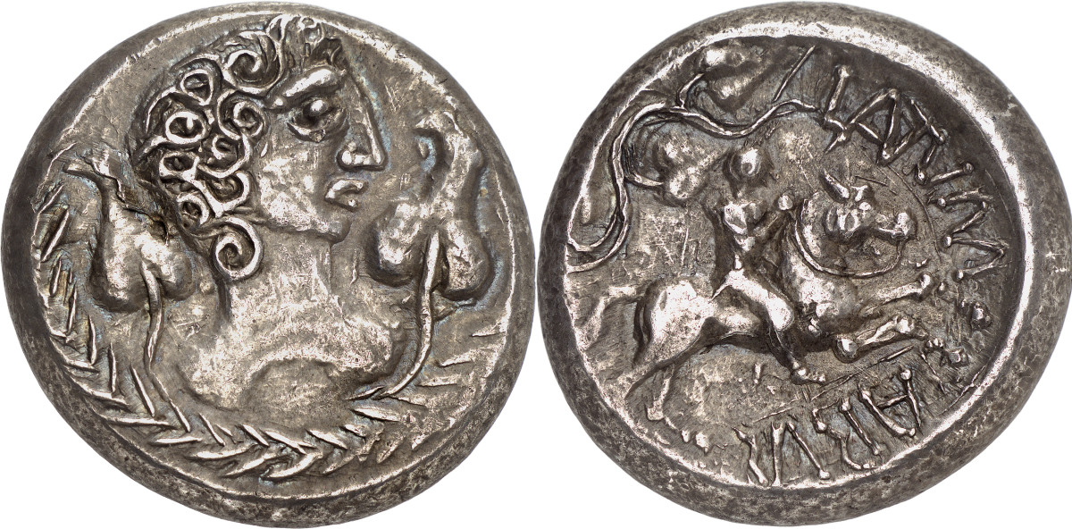 Boii. Iantumarus. Tetradrachm, around 27/26 BC. From Leu auction 59 (1994), No. 31. Extremely rare. Very fine to extremely fine. Estimate: 12,500 euros. Hammer price: 65,000 euros