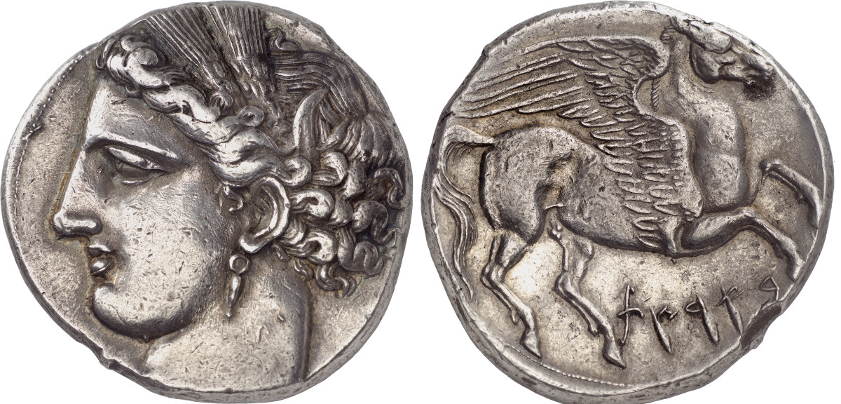 Punic Sicily. 5 shekel (decadrachm), around 264, unknown Sicilian mint. Very rare. Very fine +. Estimate: 30,000 euros. Hammer price: 75,000 euros