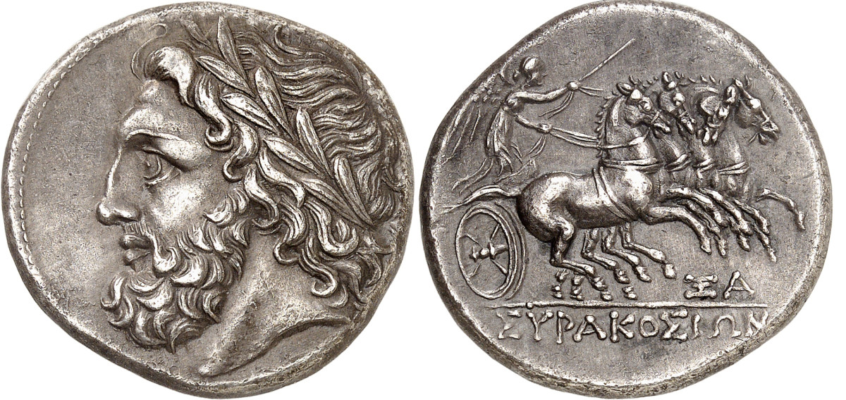 Syracuse / Sicily. 16 litrae, 214-212. From Lanz auction 97 (2000), No. 107. Very rare. Extremely fine. Estimate: 10,000 euros. Hammer price: 95,000 euros