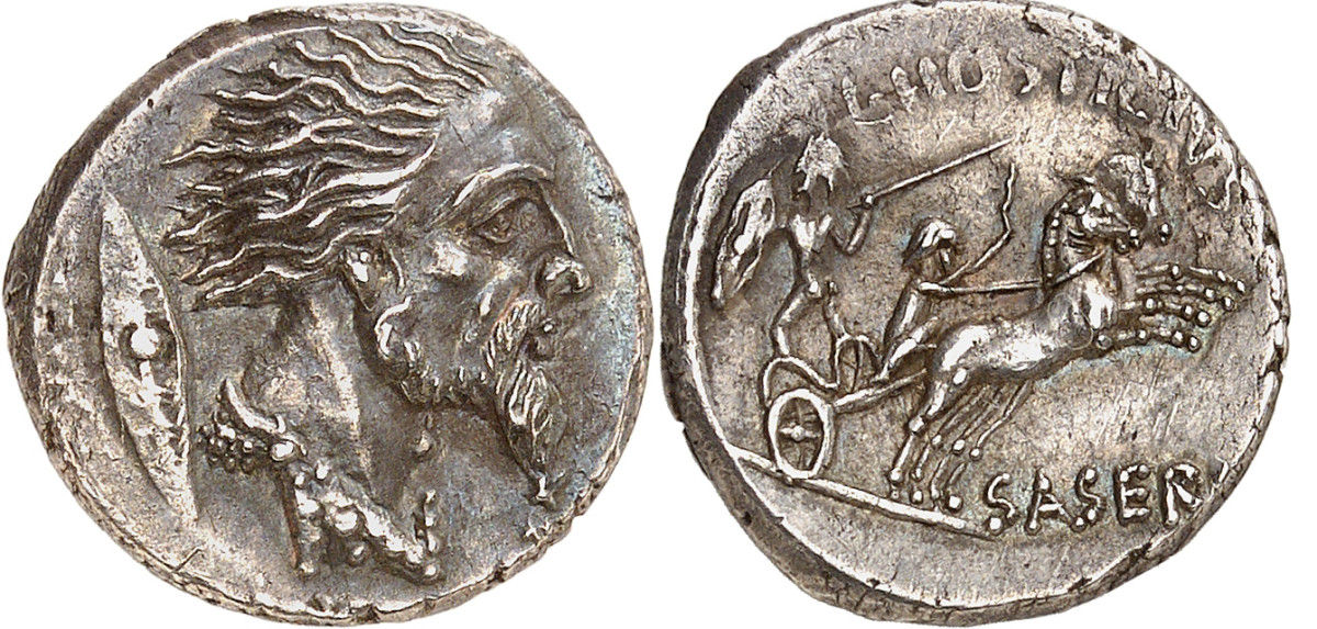 L. Hostilius Saserna. Denarius, 48. From Tkalec and Rauch auction (25 April 1985), No. 225. Very rare. Extremely fine. Estimate: 2,000 euros. Hammer price: 14,000 euros