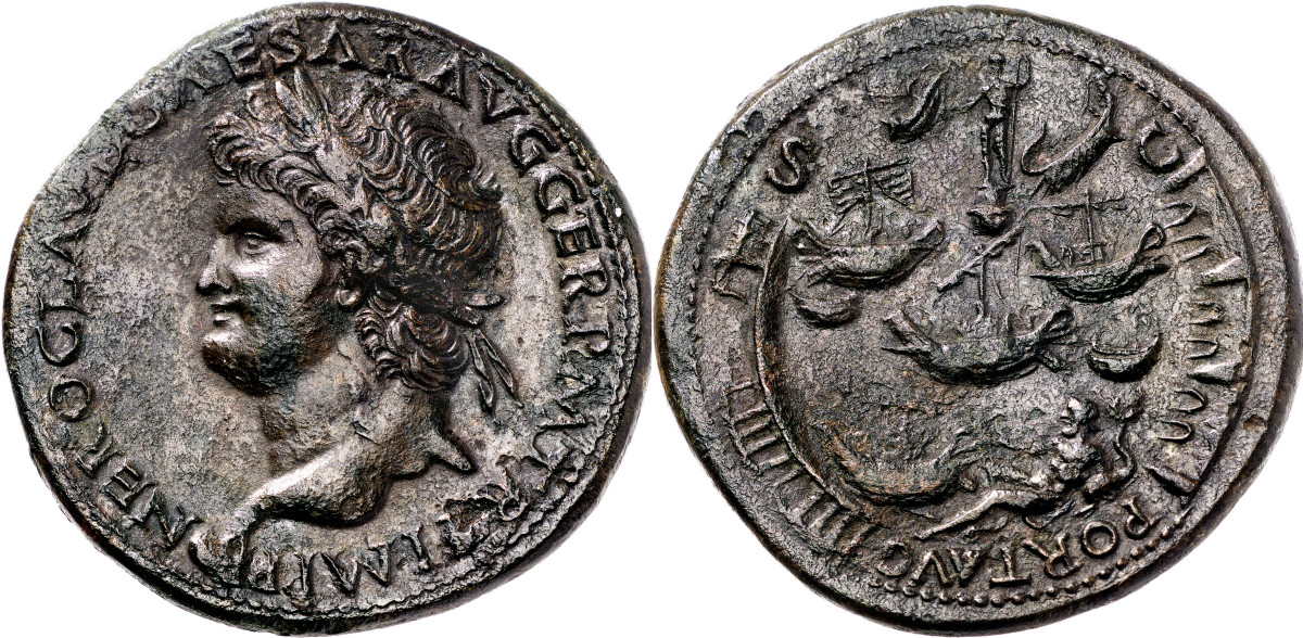 Nero, 54-68. Sestertius, around 65, Lugdunum. From NAC auction 27 (2004), No. 337. Very rare. Very fine + / About extremely fine. Estimate: 20,000 euros. Hammer price: 42,000 euros