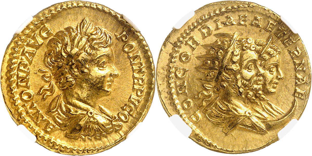 Caracalla with Septimius Severus and Iulia Domna. Aureus, 202. Very rare. NGC Ch AU*, Strike 5/5, Surface 5/5, Fine style. Extremely fine +. Estimate: 50,000 euros. Hammer price: 60,000 euros