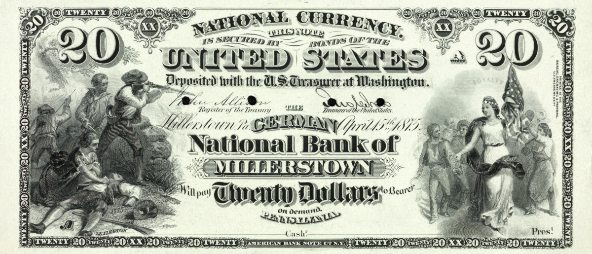 Series of 1875 proof from The German National Bank of Millerstown, Butler County, Pennsylvania, charter 2241. The bank was liquidated in 1884.